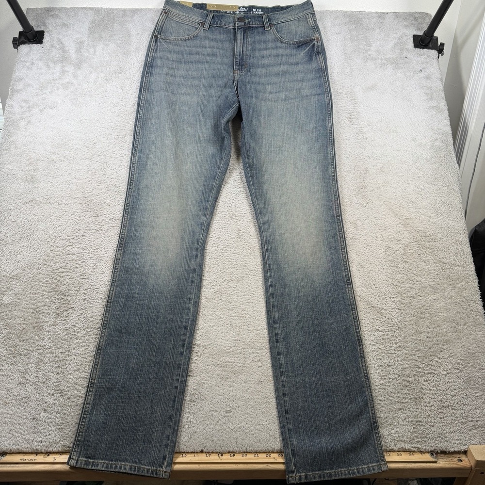 Wrangler Retro Jeans Mens 34x38 Blue Denim Slim Straight Stretch Faded NWT